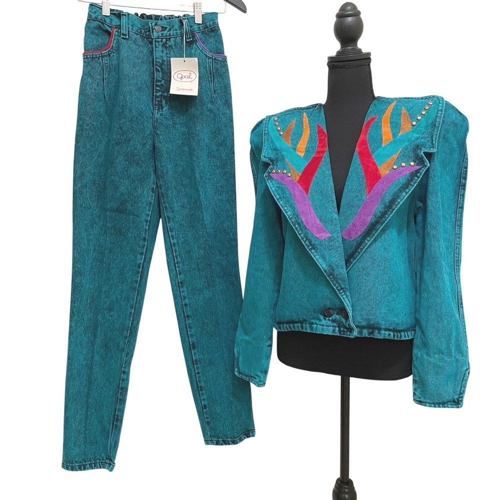 NEW Vintage Opal‎ Denim Leather Set Jeans & Jacket Turquoise Acid Wash 80s 90s
